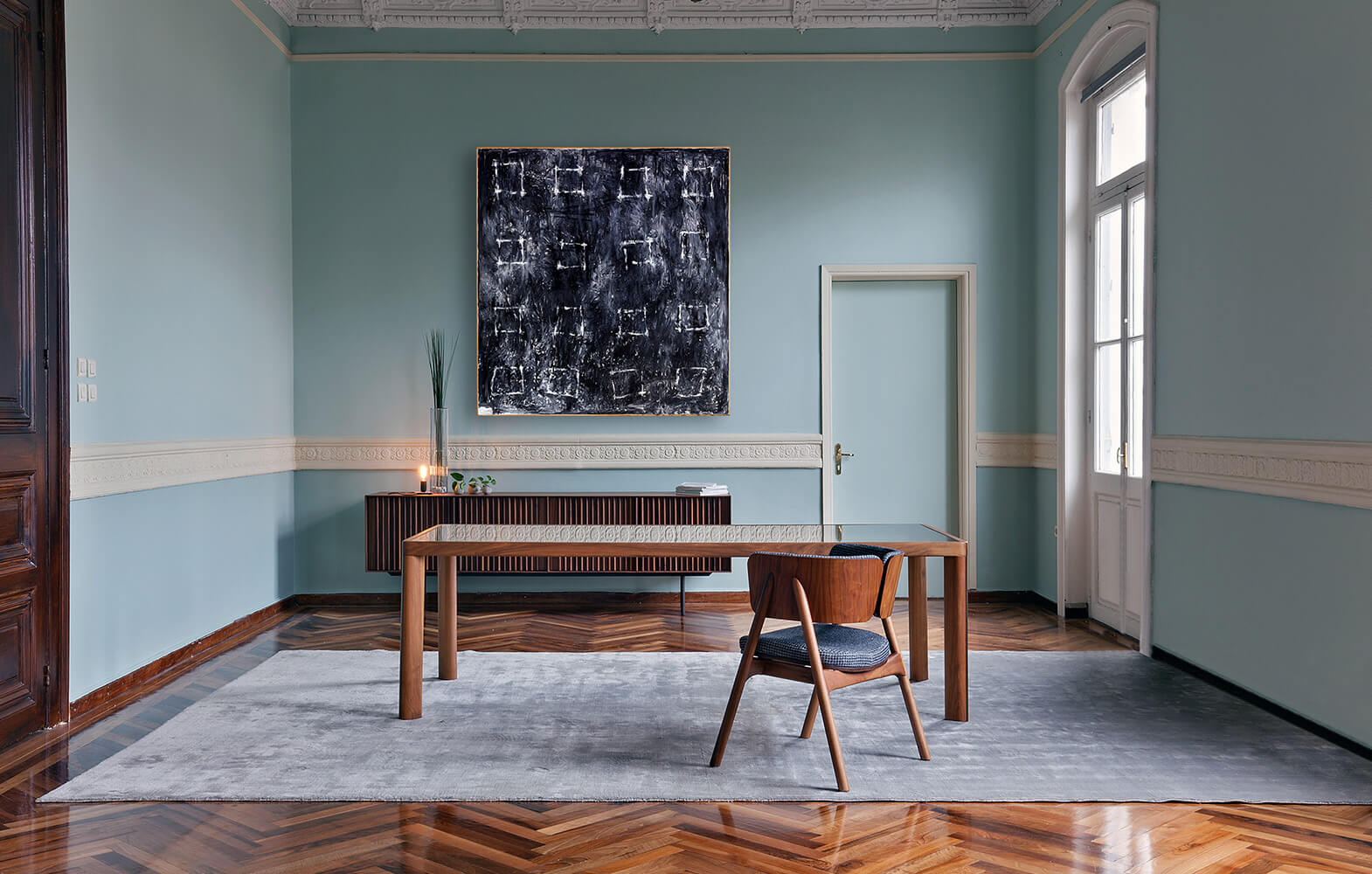 Ka-bera B dining table and sideboard and wood-oo chair in walnut wood. al2, art for living