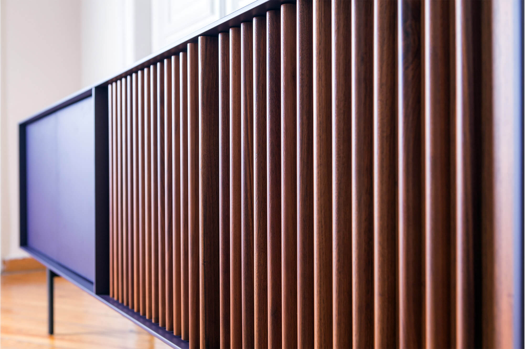 Detail of the vertical bars in solid walnut. ka-bera b 003. al2, art for living