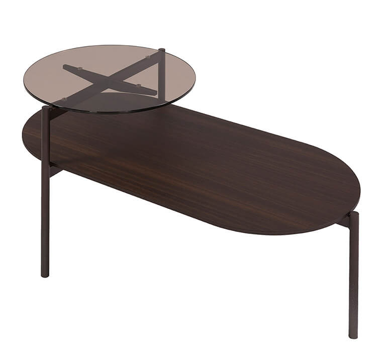 O-rizon side table in smoked eucalyptus and glass top