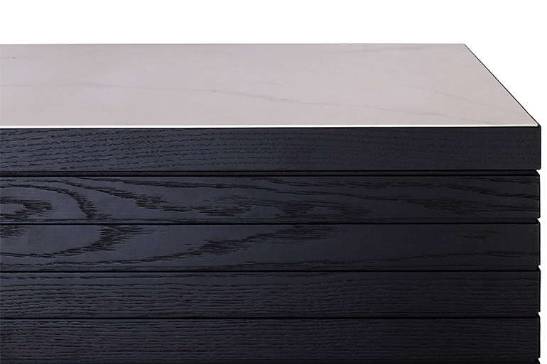 Detail of the top in ceramic and the cabinet in black oak