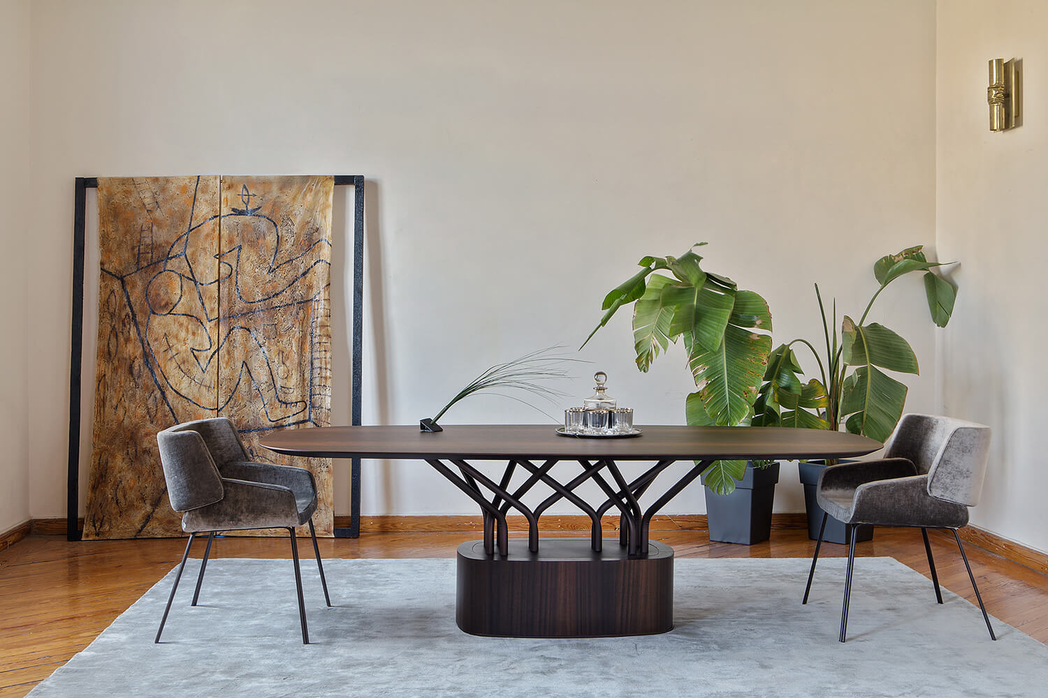 Dining table wood-oo A001 in smoked eucalyptus and mob chair. al2, art for living
